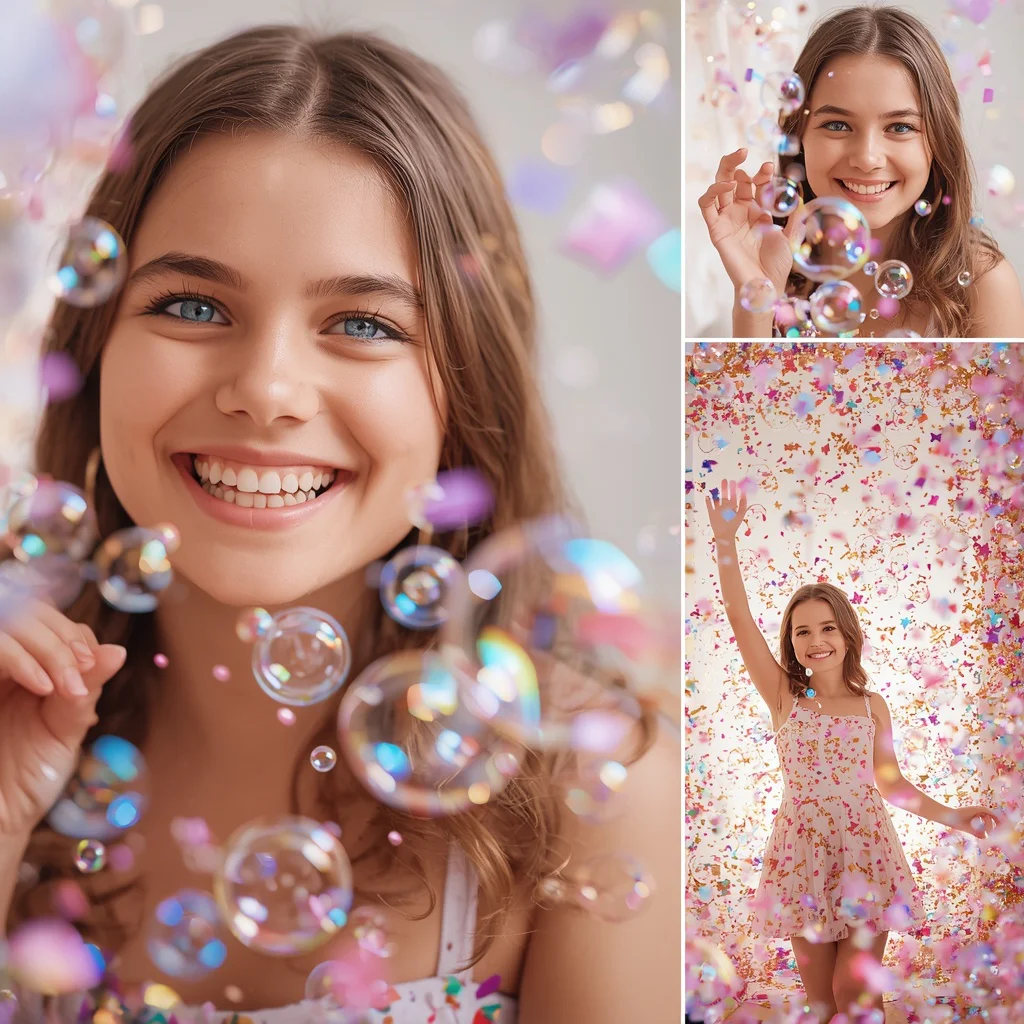A Playful Collage of a Beautiful Girl with Colorful Bubbles and Sparkling Confetti, Celebrating Joyful Moments | chatgpt photo editing prompts trending instagram — AI image prompt